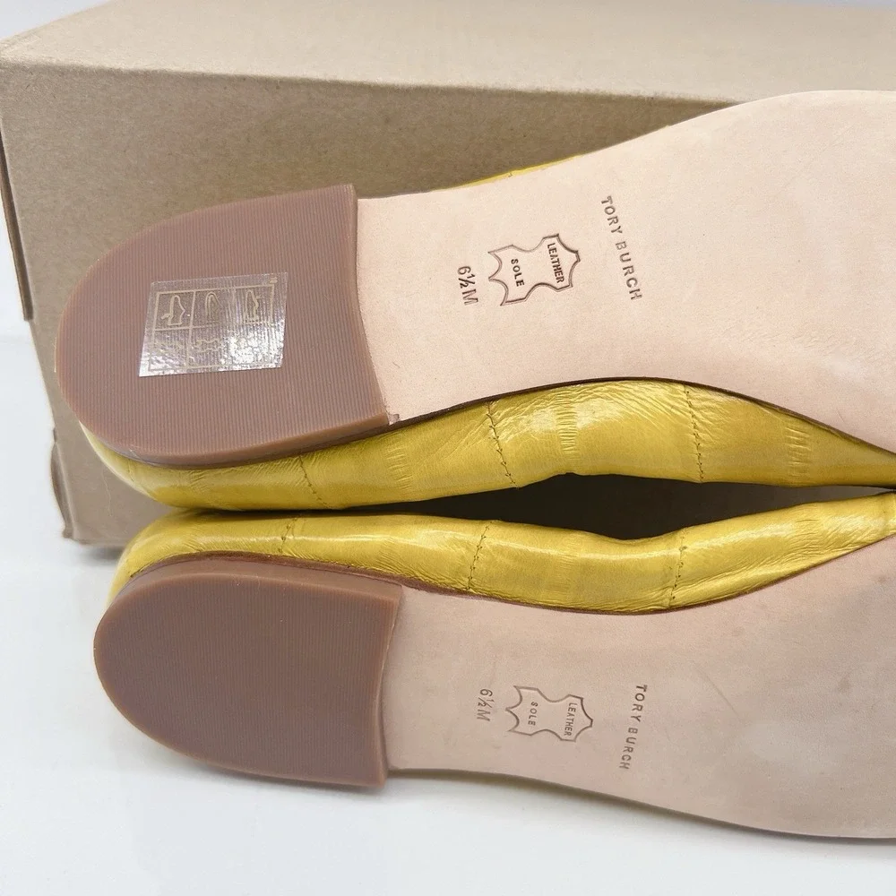 Tory Burch Georgia Women's Ballet Flats Square Toe Logo Yellow Leather US 6.5